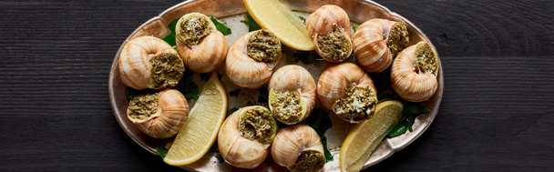 bovenaanzicht van heerlijke gekookte escargots met citroen op zwarte houten tafel, panoramisch schot - Foto, afbeelding