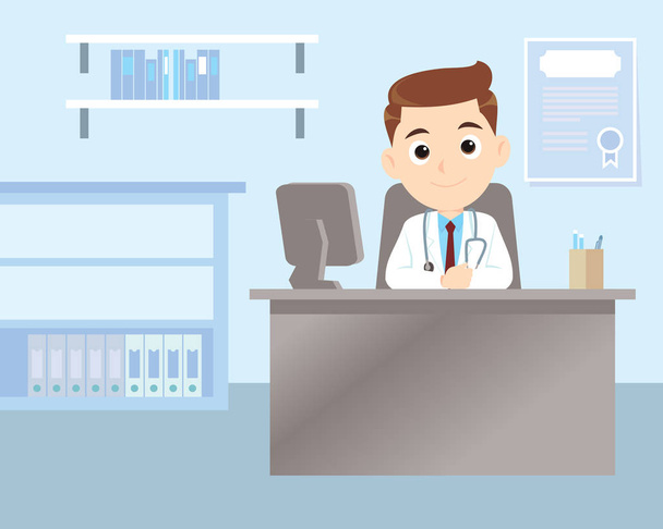 Medicine concept with doctor in flat style. Practitioner young doctor man in hospital medical office. Consultation and diagnosis. vector illustration isolated cartoon background - Vector, Image