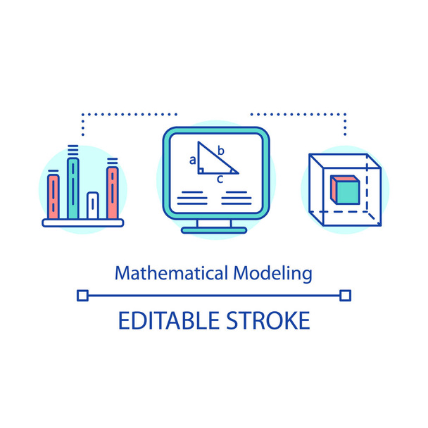 Matematikai modellezési koncepció ikon. Számítógépes adatfeldolgozás. Statisztikai kutatási eredmények megjelenítése vékony vonalú illusztráció. Vektor izolált vázlat rajz. Szerkeszthető stroke - Vektor, kép