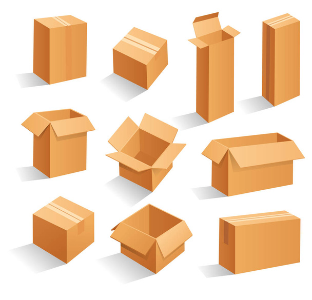 Conjunto de cajas de cartón marrón en blanco
 - Vector, Imagen