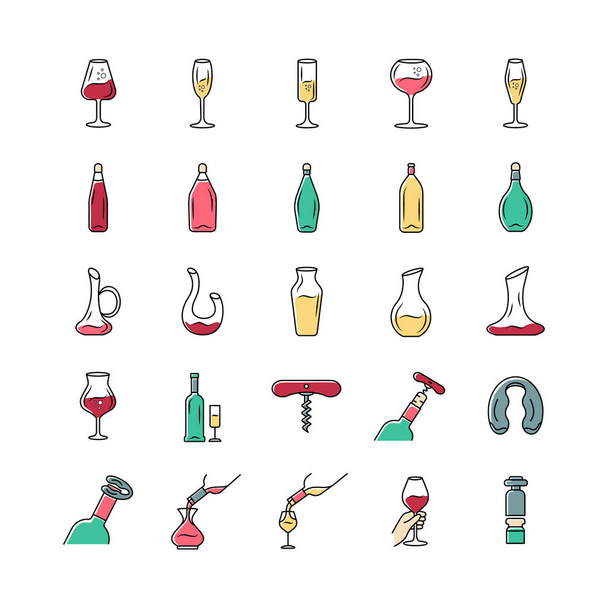 Wine and wineglasses icons set. Different types of glassware and alcohol beverages. Decanters, bottles, barman tools. Aperitif drinks, cocktails. Isolated vector illustrations - Vector, Image