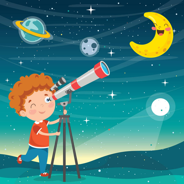 Kid Using Telescope For Astronomical Research - Vector, Image