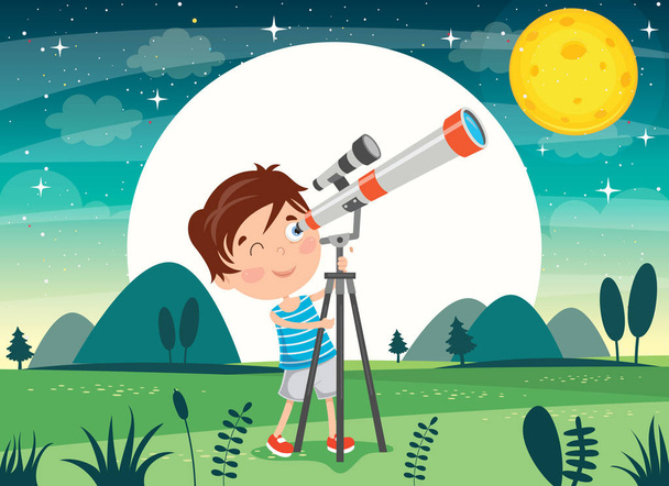 Kind nutzt Teleskop für astronomische Forschung - Vektor, Bild