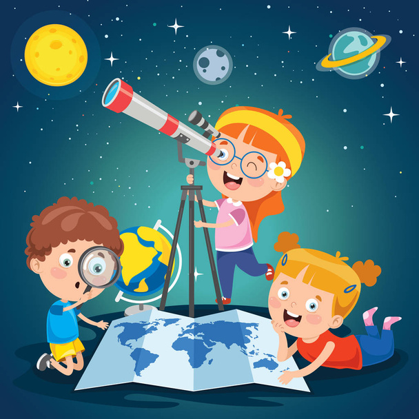 Lapsi käyttää kaukoputkea tähtitieteelliseen tutkimukseen
 - Vektori, kuva