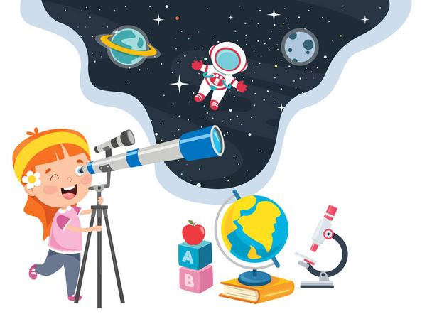 Niño usando el telescopio para la investigación astronómica
 - Vector, Imagen