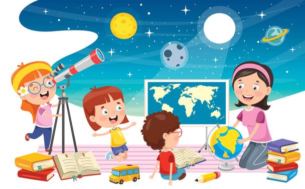 Kid Using Telescope For Astronomical Research - Vector, Image