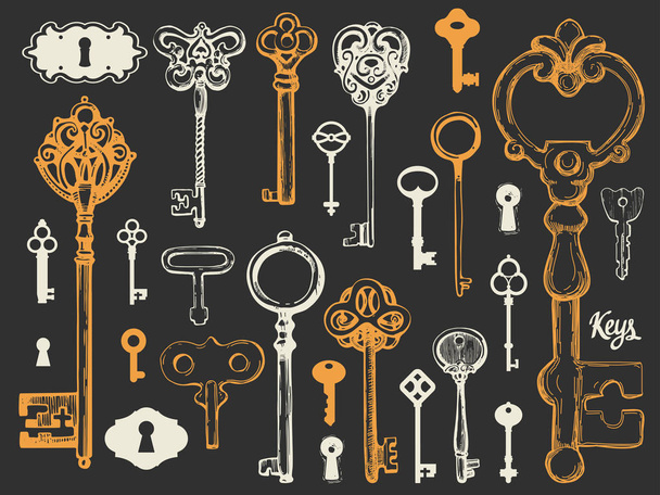 Vector set of hand-drawn antique keys. Illustration in sketch style on white background. Old design - Vektori, kuva