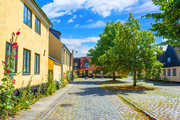 Güzel, sarı eski evleri olan küçük sokaklar. Geleneksel İskandinav evleri. Dragor, Danimarka. Mimari. - Fotoğraf, Görsel