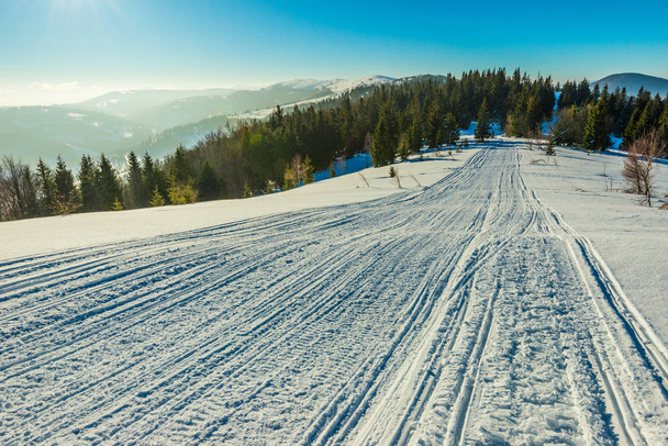 ATV and ski tracks in snow on frosty winter day - Fotó, kép
