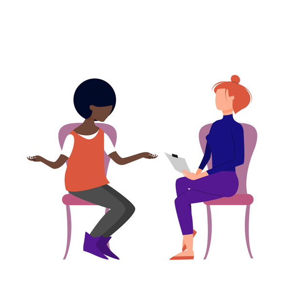 Escena de terapeuta femenina caucásica consultando pati femenina negra
 - Vector, imagen