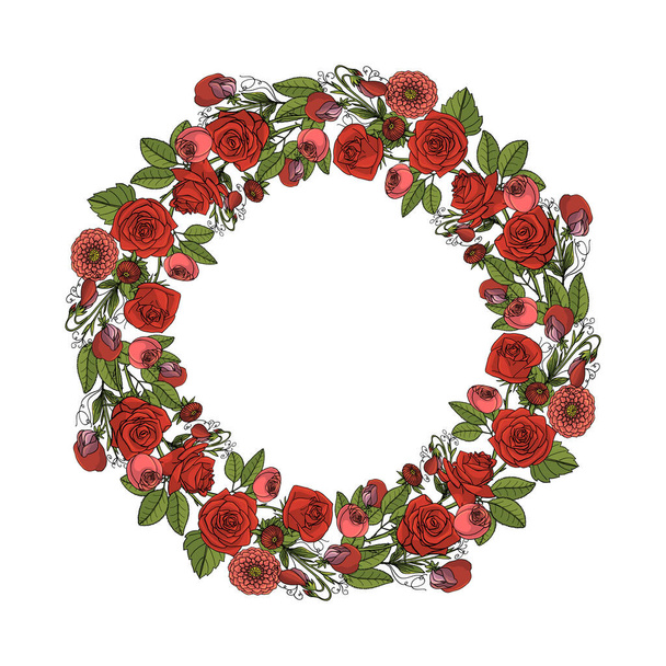 Hand drawn doodle style rustic floral wreath. Boho wedding decor - Вектор, зображення