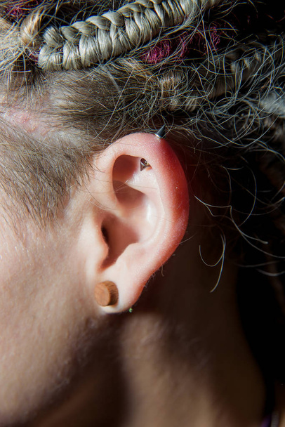 Piercing na orelha de uma menina com dreadlocks. Orelha feminina com os brincos de perto. Detalhes da imagem da menina da cultura informal
 - Foto, Imagem