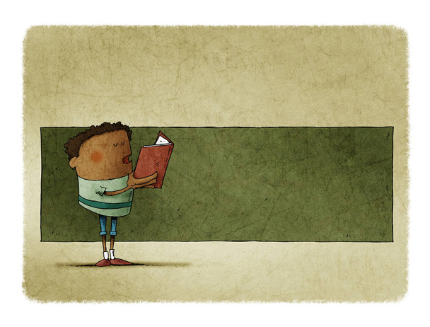 Niño con un libro en sus manos está leyendo, detrás hay espacio en verde para poner texto
. - Foto, imagen