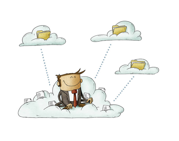 Επιχειρηματίας κάθεται σε ένα σύννεφο με αρχεία μεταφέρει αυτά σε άλλα σύννεφα με φακέλους. απομονωμένα - Φωτογραφία, εικόνα