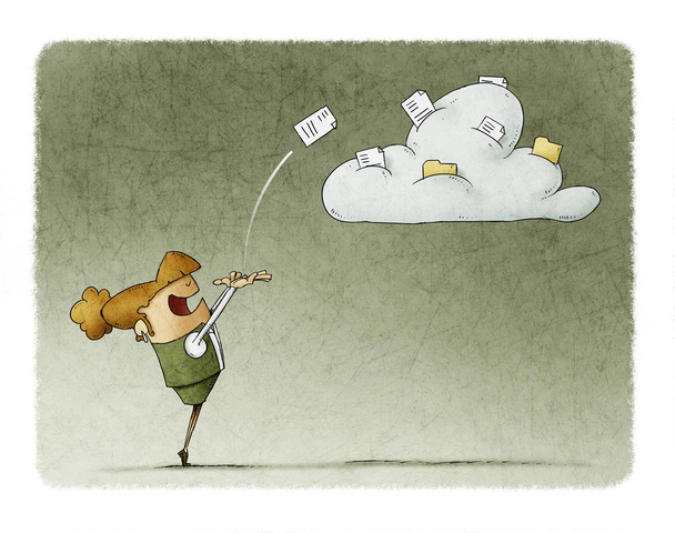 Mujer de negocios está lanzando un documento a una nube donde hay más documentos
 - Foto, Imagen