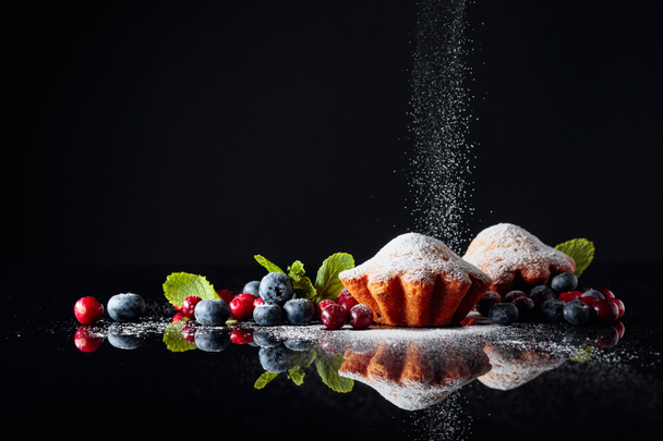Muffins de arándano y arándano espolvoreados con azúcar en polvo en un
 - Foto, Imagen