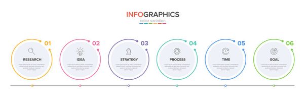 Concetto di modello di business delle frecce con 6 fasi successive. Sei elementi grafici colorati. Progettazione temporale per brochure, presentazione. Layout di progettazione infografica
 - Vettoriali, immagini