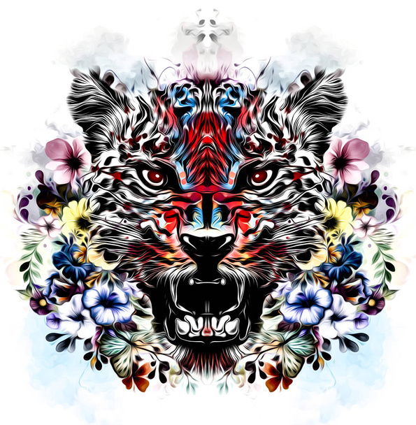 барвиста художня морда леопарда з квітами ізольована на білому тлі
  - Фото, зображення