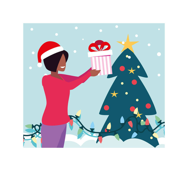 σκηνή της γυναίκας με χριστουγεννιάτικο δέντρο και δώρο - Διάνυσμα, εικόνα