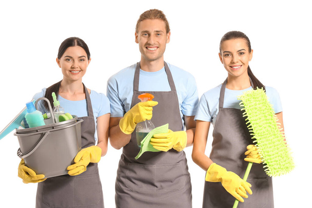 Team of janitors on white background - Foto, Imagen
