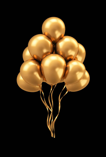 Holiday isolated black background luxury golden balls. 3d illustration, 3d rendering. - Foto, Imagem