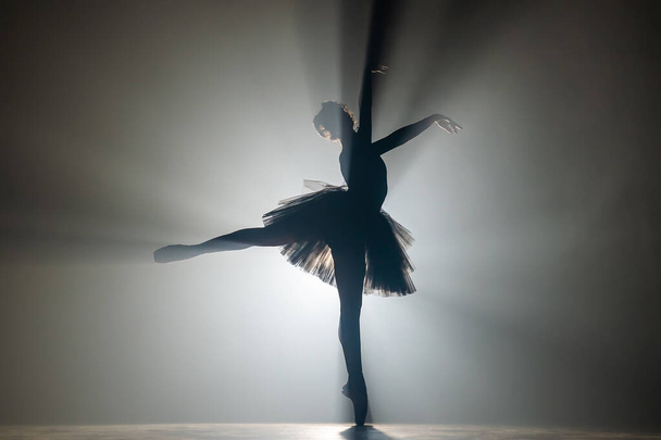 Professional ballerina dancing ballet in spotlights smoke on big stage. Beautiful young girl wearing black tutu dress on floodlights background. Black and white. - Fotoğraf, Görsel