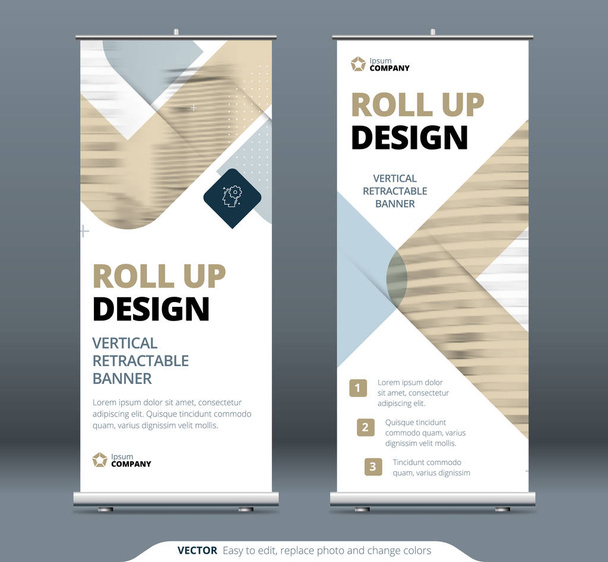 Biege Business Roll Up Banner stand. Presentation concept. Abstract modern roll up background. Vertical roll up template, retractable banner stand or flag design layout. Poster for conference, forum - Vector, Image