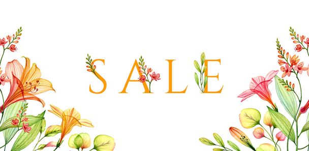 Aquarell-Verkaufsbanner mit transparenter Lilie und Freesien. farbenfrohe tropische Blüten isoliert auf weiß. Botanische Illustration für Hochzeitsdesign, Banner, Werbung - Foto, Bild
