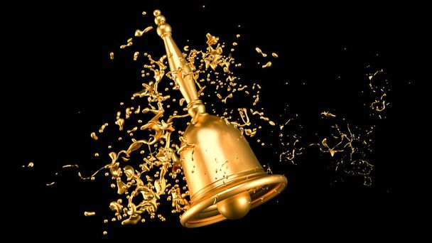 A beautiful metallic Christmas bell and a splash of gold. 3d illustration, 3d rendering. - Foto, afbeelding