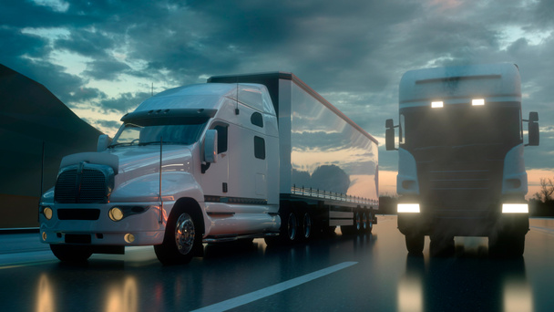 Два белых грузовика на дороге, шоссе. Транспорт, концепция логистики. 3d-рендеринг
 - Фото, изображение