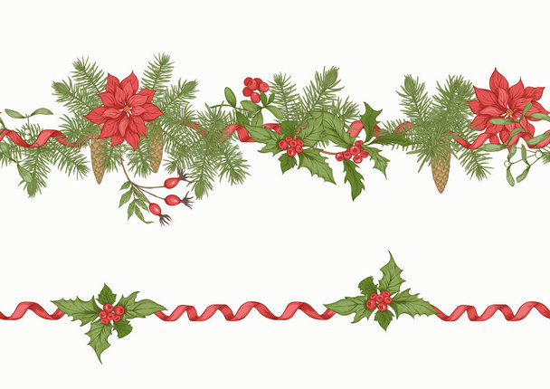 Corona de Navidad de abeto, pino y poinsettia
.  - Vector, imagen