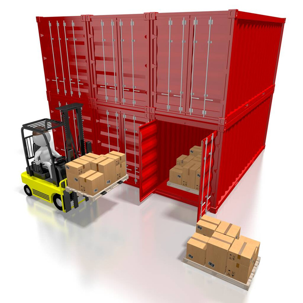 Forklift machine, cargo containers - 3D rendering - 写真・画像