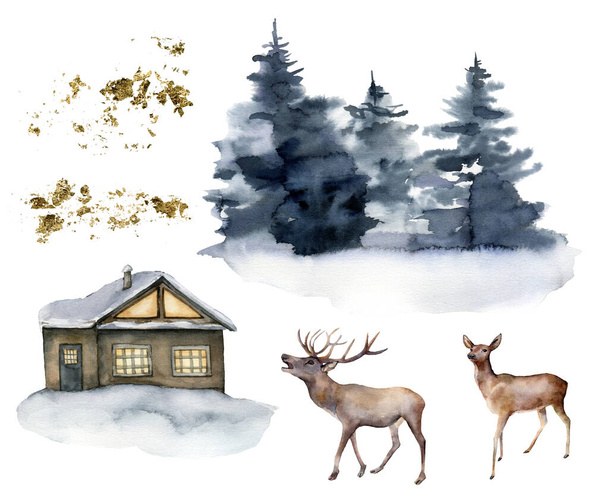 Υδατογραφία σετ με ελάφια, σπίτι και χειμερινό δάσος. Χειροποίητη Χριστουγεννιάτικη απεικόνιση με ζώα και έλατα που απομονώνονται σε λευκό φόντο. Για σχεδιασμό, εκτύπωση, ύφασμα ή φόντο. Άγρια ζωή. - Φωτογραφία, εικόνα