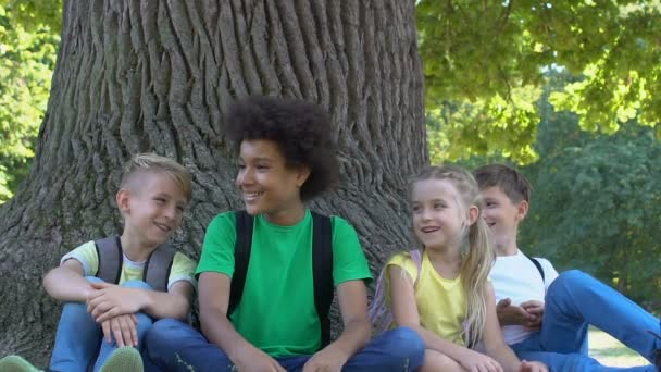 Iloinen ryhmä lapsia vitsailee nauraen yhdessä istuva puisto puun alla
 - Materiaali, video
