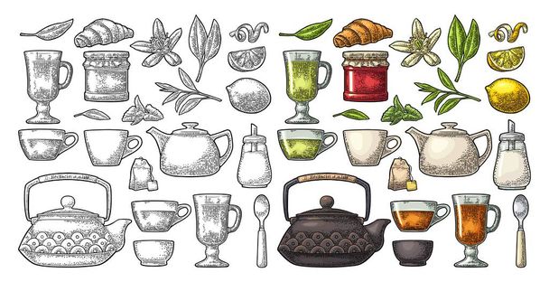 Set tea. Vector color vintage engraving. Isolated on white background - Vecteur, image