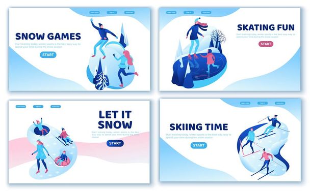 Winter sport landing page template set, ski, snowboard, mensen samen, ui ontwerp lay-out, schaatsen eenvoudige familie, isometrische minimale mensen illustratie, vector sport, schaatsbaan, slangen - Vector, afbeelding
