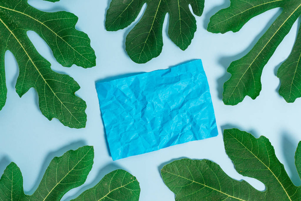 Notepaper placed above plain table between green leaves. Leafage surrounding a notation paper sheet on a soft pastel background.Artistic way of arranging flat lays photography - Photo, Image