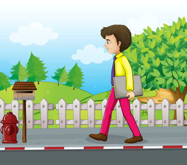 Un homme marchant près de la boîte aux lettres avec un classeur à la main
 - Vecteur, image