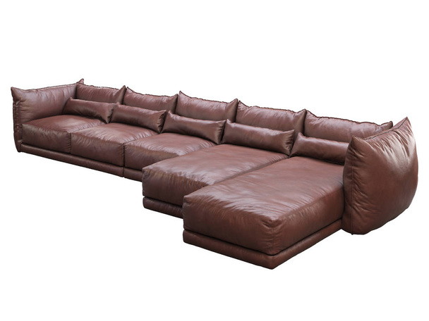 Nowoczesna, ogromna, brązowa, skórzana kanapa z krzesłem. 3d renderowanie - Zdjęcie, obraz