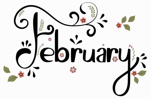 Φεβρουάριος μήνα διάνυσμα με λουλούδια και φύλλα. Διακόσμηση κείμενο floral. Χειροποίητα γράμματα. Εικονογράφηση ημερολογίου Φεβρουαρίου - Διάνυσμα, εικόνα