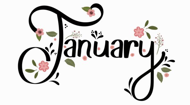 Ιανουάριος μήνα διάνυσμα με λουλούδια και φύλλα. Διακόσμηση κείμενο floral. Χειροποίητα γράμματα. Εικονογράφηση ημερολόγιο Ιανουαρίου - Διάνυσμα, εικόνα