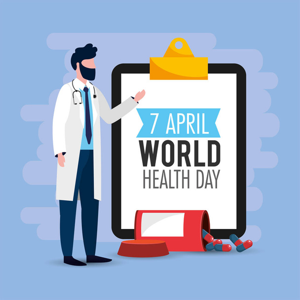 man doctor with pills to world healthy day - Vector, Image