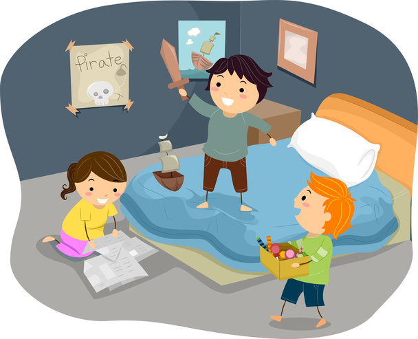 Illustration of Stickman Kids Playing Pirates in Bedroom - Photo, Image