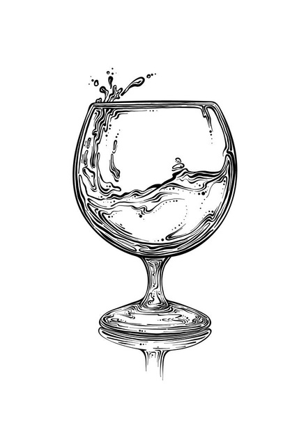 Hand drawn sketch wineglass with spray of liquid in black color. Isolated on white background. Drawing for posters, decoration and print. Vector illustration - Vektor, obrázek