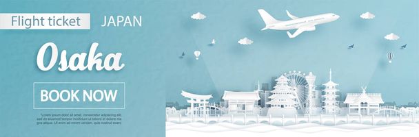 Рекламний шаблон польоту і квитка з подорожжю в Осаку, Японія Концепція і знамениті пам'ятки в паперовому відсіканні Векторна ілюстрація - Вектор, зображення