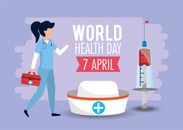 woman with first aid to world health day - Vector, Image