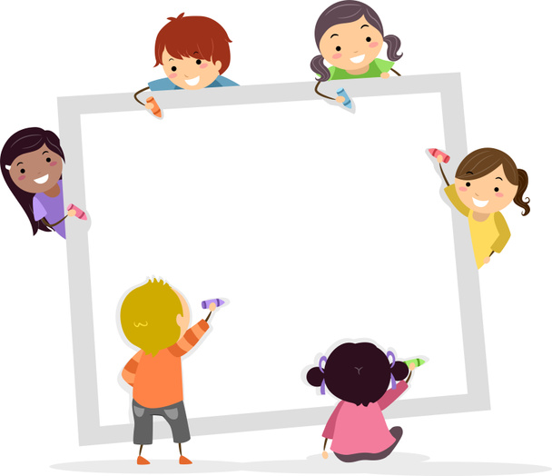 Stickman kinderen met kleurpotloden en leeg vierkant bord - Foto, afbeelding