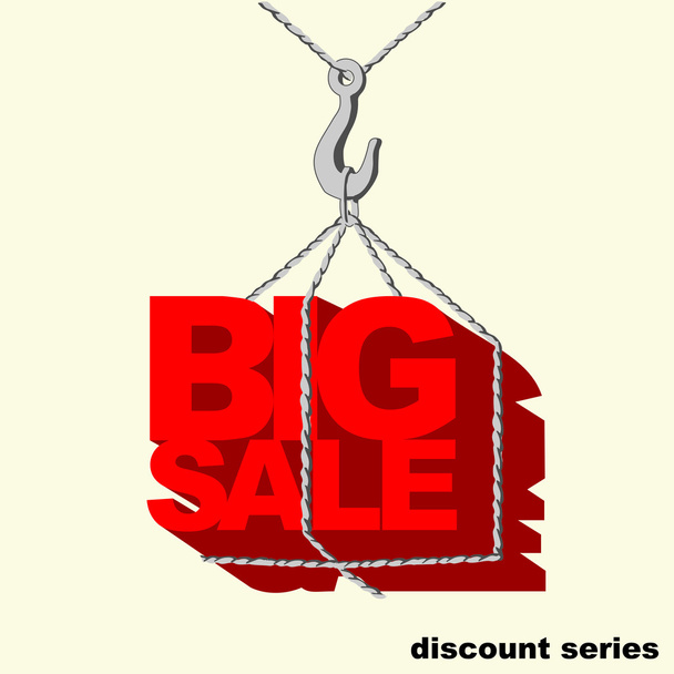 Red big sale tag hanging on the hook of a crane. - Vector, Image