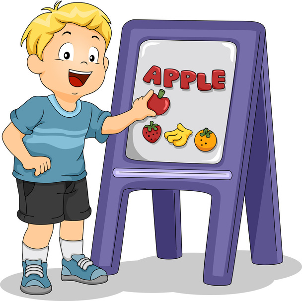 Kid Boy Placing an Apple on Board - Photo, Image