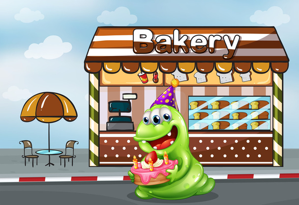 A monster with a cake near the bakery - Vector, Image